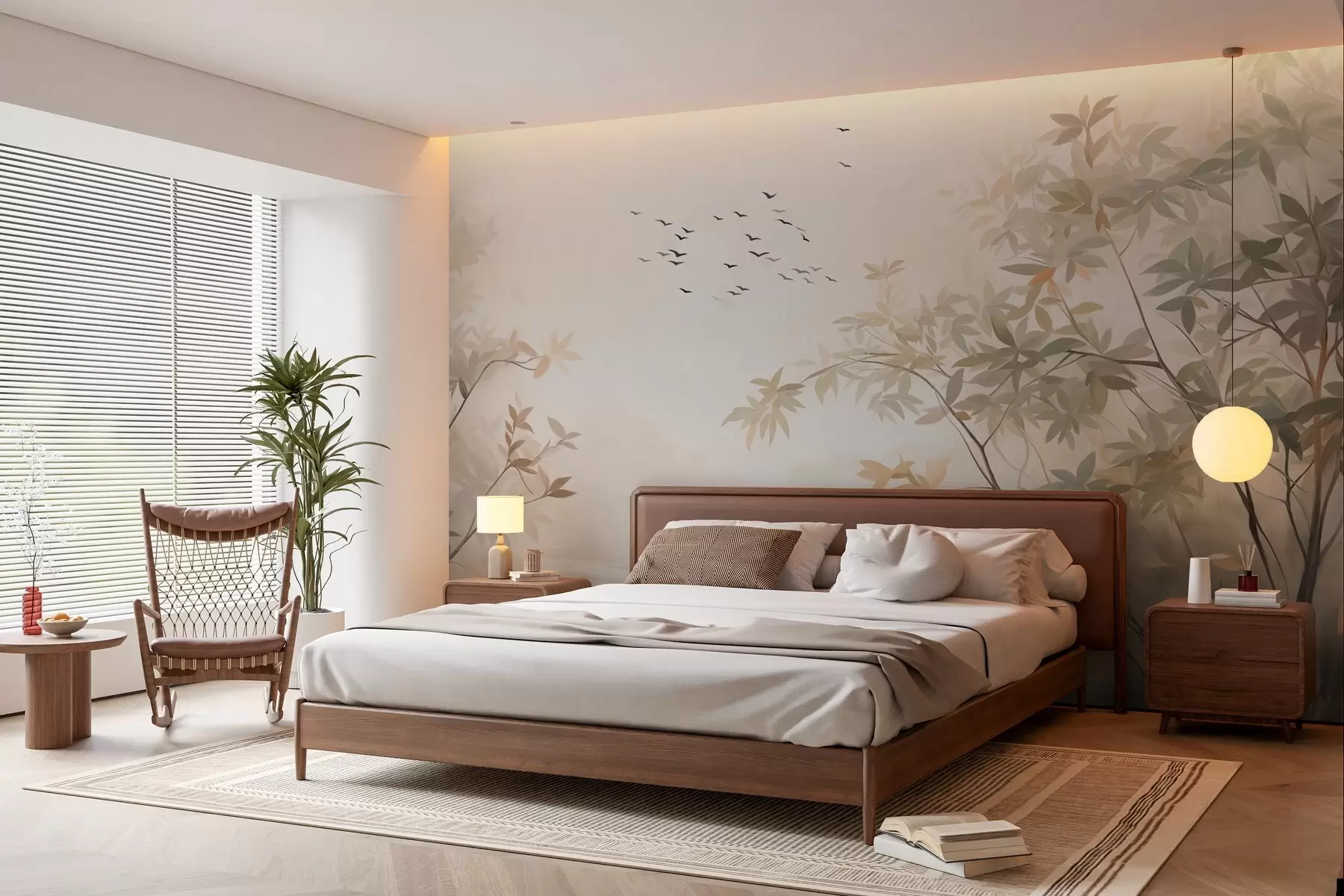 fototapeter Tekstureret landskab med træer og en flok fugle, der flyver på himlen, pastelfarver, naturbillede  w09418