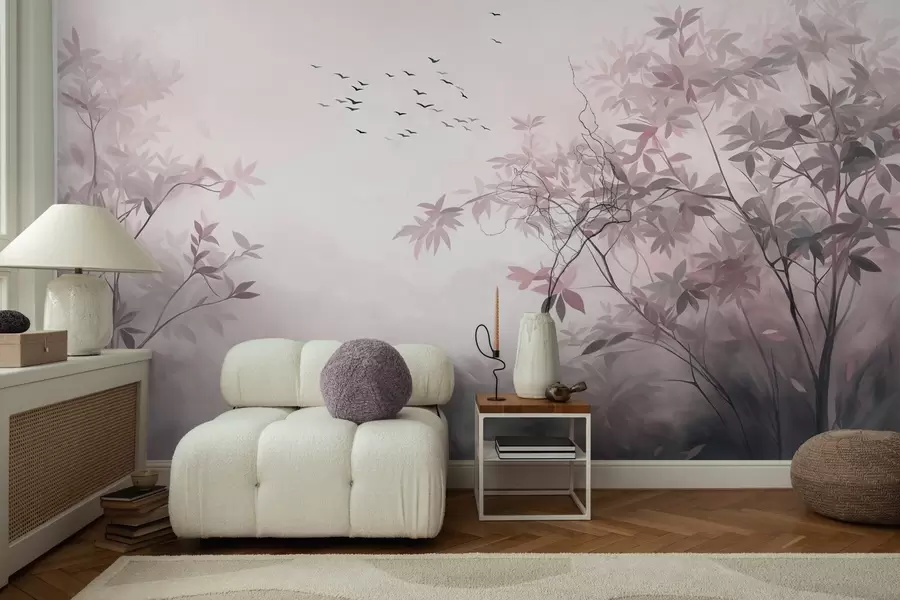 Fototapete Strukturierte Landschaft mit Bäumen und einem Vogelschwarm am Himmel, Pastellfarben, Naturszene w09418v1