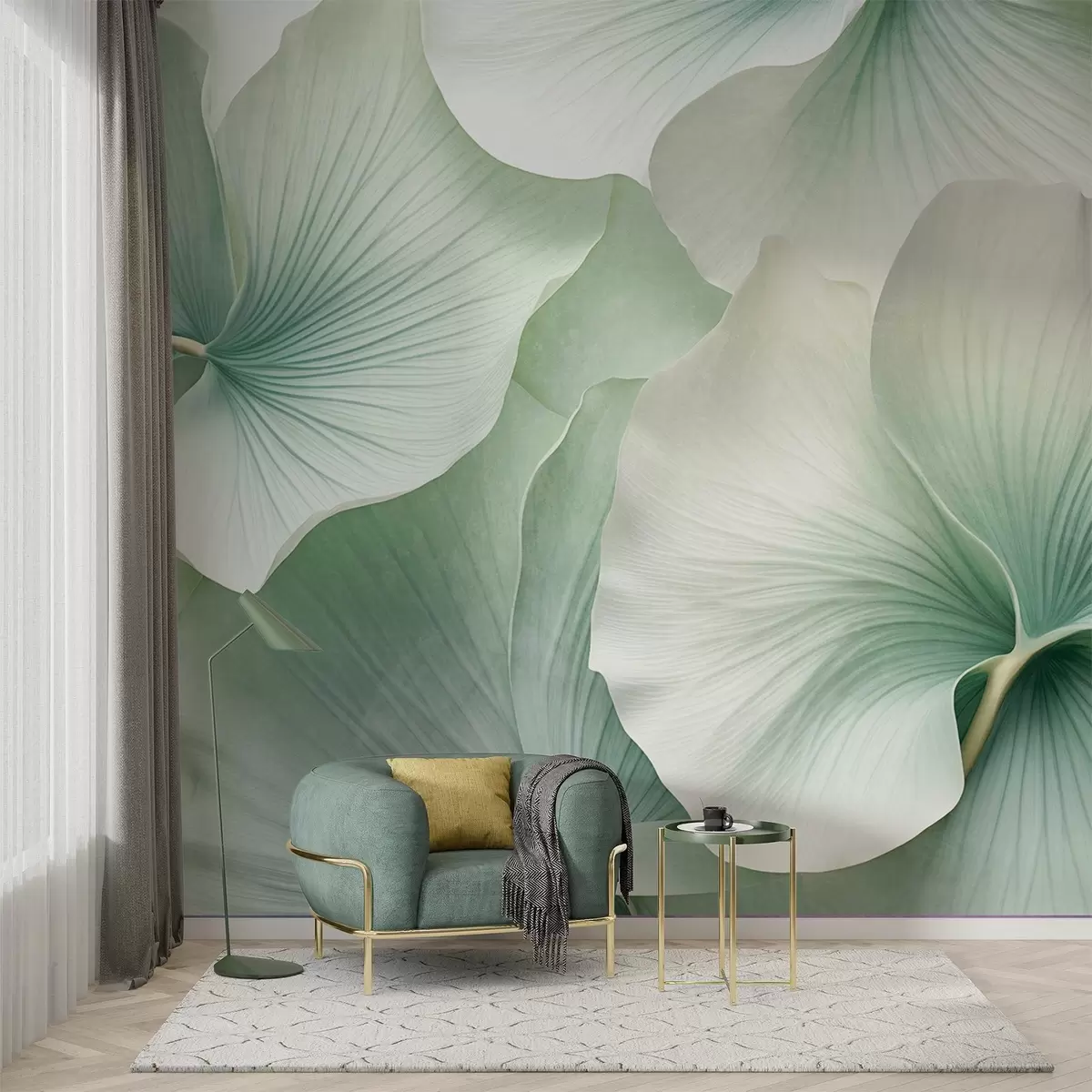 Murale Feuilles de ginkgo blanches et vertes, texture douce, fond floral abstrait, style minimaliste moderne w09421