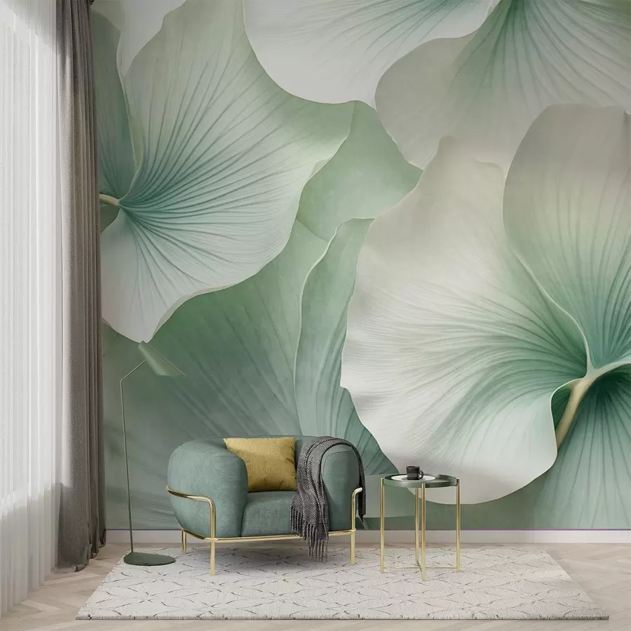 Murale Feuilles de ginkgo blanches et vertes, texture douce, fond floral abstrait, style minimaliste moderne w09421