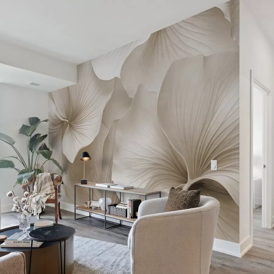 fototapeter Hvide og beige gingko-blade, blød tekstur, abstrakt blomsterbaggrund, minimalistisk moderne stil w09421v1