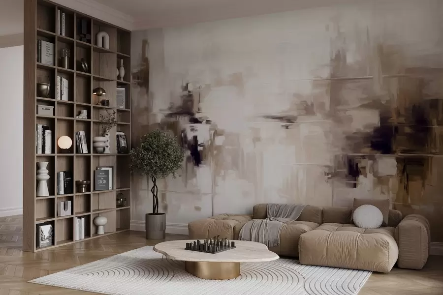 fototapeter Abstrakt tekstureret landskabsmaleri-imitation med brune og hvide penselstrøg, moderne stil w09422v1