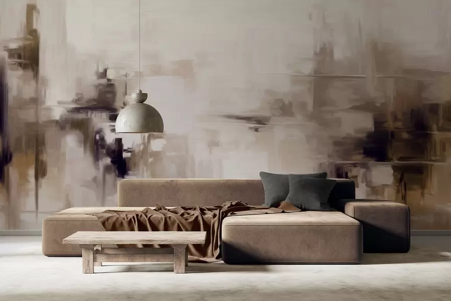 Fototapete Abstrakte Landschaftsmalerei-Imitation mit braunen und weißen Pinselstrichen, moderner Stil w09422v1