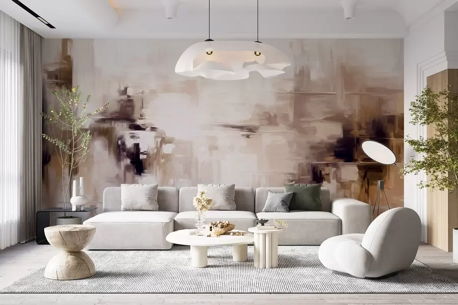 Fototapete Abstrakte Landschaftsmalerei-Imitation mit braunen und weißen Pinselstrichen, moderner Stil w09422v1