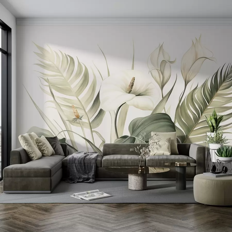 Fototapete Weiße Callalilien und grüne tropische Blätter, botanische Illustration, heller Hintergrund, Vintage-Stil, strukturiert w09423
