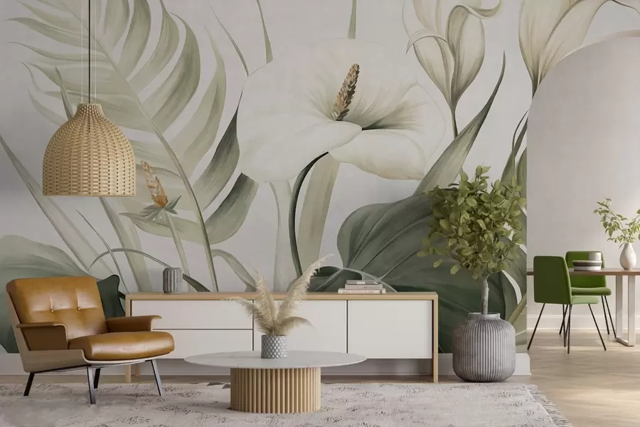 Fototapete Weiße Callalilien und grüne tropische Blätter, botanische Illustration, heller Hintergrund, Vintage-Stil, strukturiert w09423