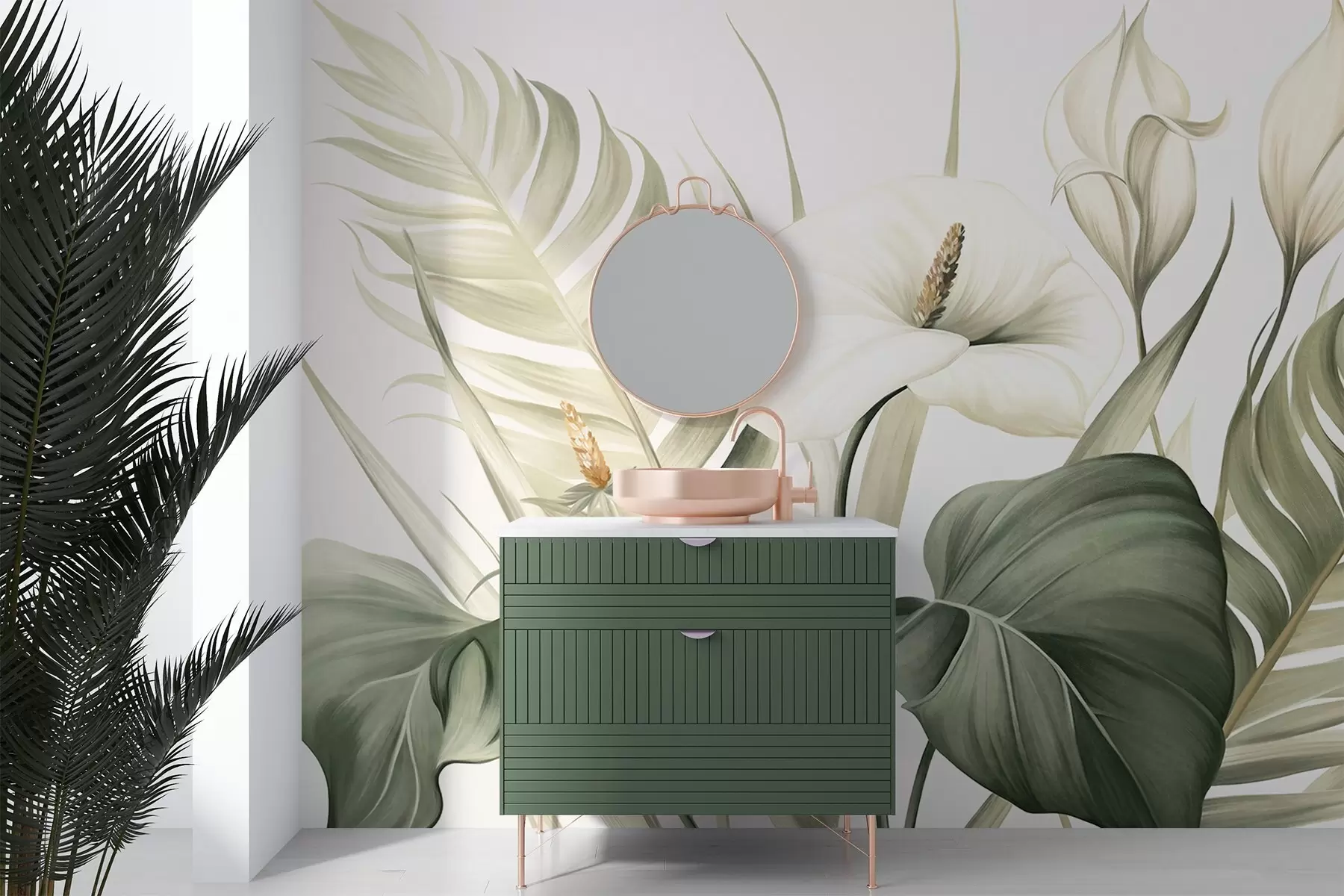 fototapeter Hvide calla liljer og grønne tropiske blade, botanisk illustration, lys baggrund, vintage stil, tekstureret w09423