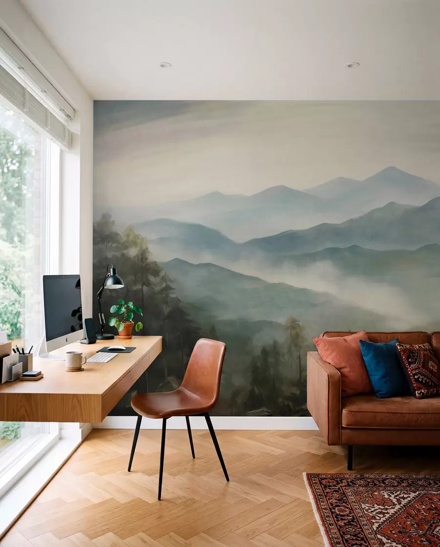 fototapeter Tåget bjergkæde med træer, tåge, overskyet himmel, dæmpede farver, landskabsmaleri-stil w09424