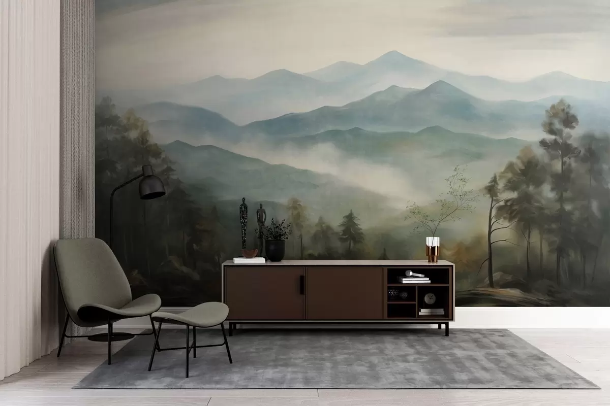 fototapeter Tåget bjergkæde med træer, tåge, overskyet himmel, dæmpede farver, landskabsmaleri-stil w09424