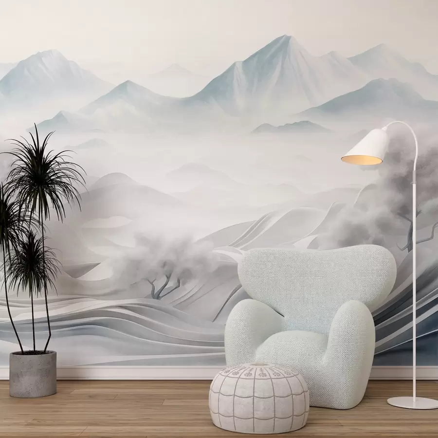 Fototapete Verschneite abstrakte dekorative Berglandschaft mit weißen Bäumen und Nebel, minimalistischer strukturierter Stil w09426