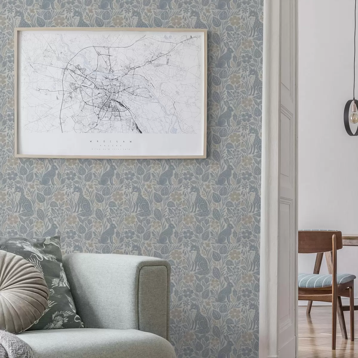 Baggrund Skovdyr og blomster: ræv og hare i blå nuancer a00613