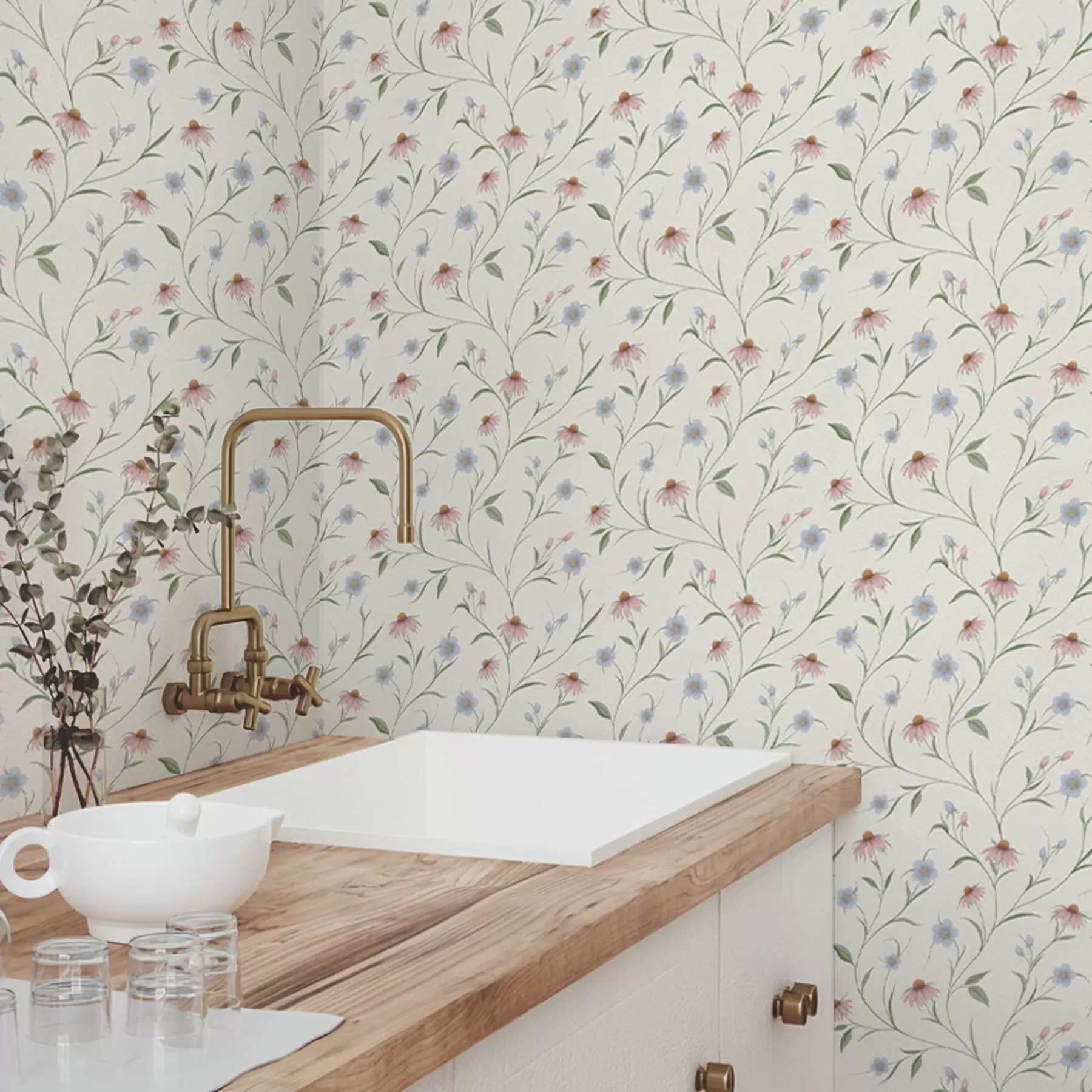 Fototapete Wiesenblumen und Echinacea auf cremefarbenem Hintergrund, Leichtigkeit a00614