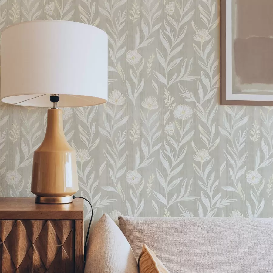 fototapeter Lyse græs og blomster på beige, skitserede linjer a00618