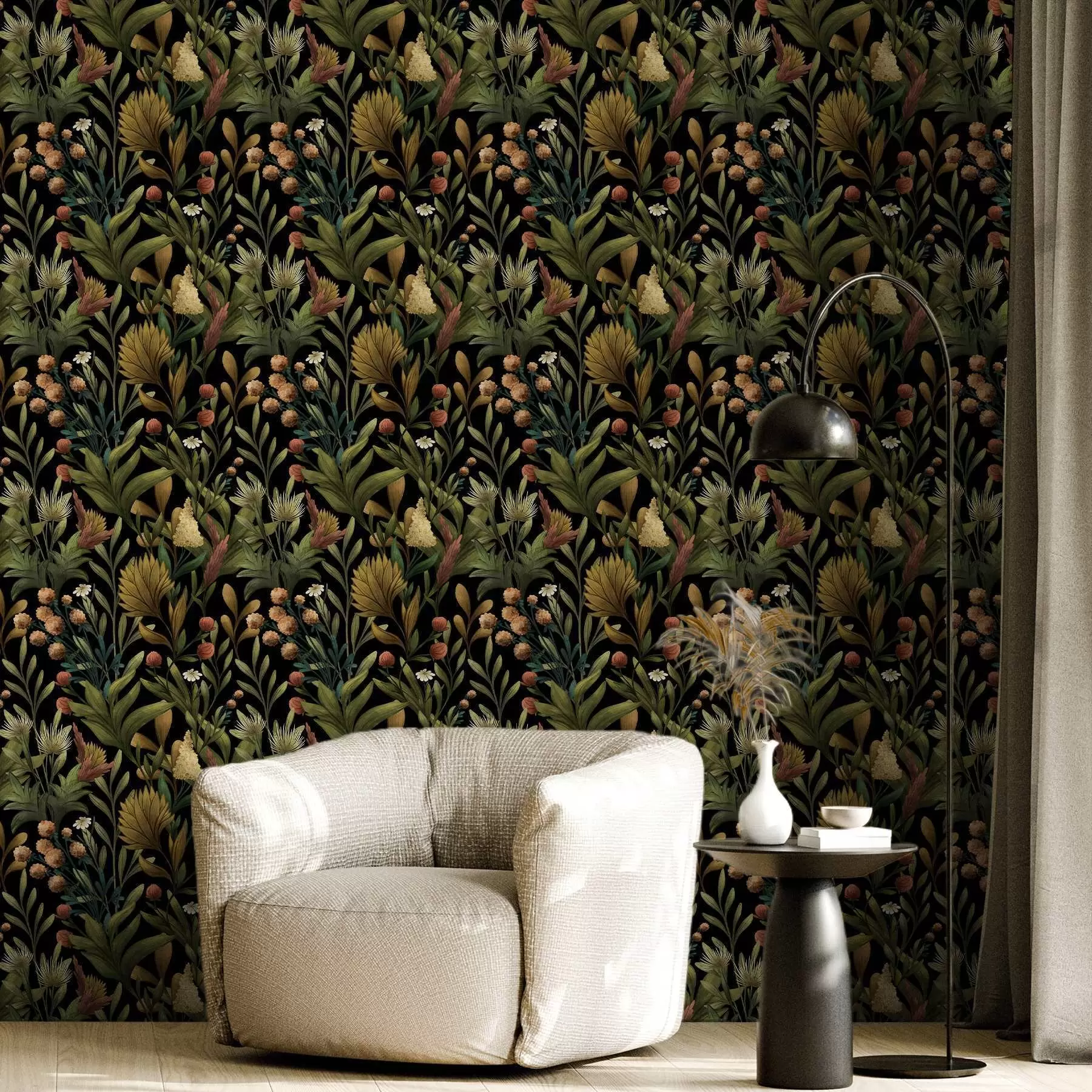 fototapeter Botanisk have på sort baggrund, varm efterårspalette a00619