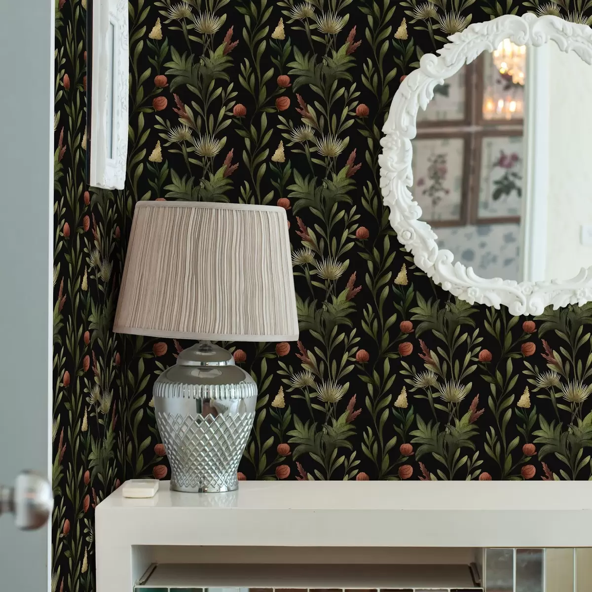 Baggrund Høje græsser og blomster på sort, detaljeret print a00620