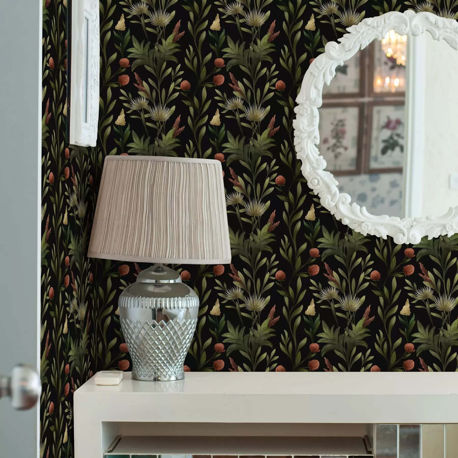 fototapeter Høje græsser og blomster på sort, detaljeret print a00620