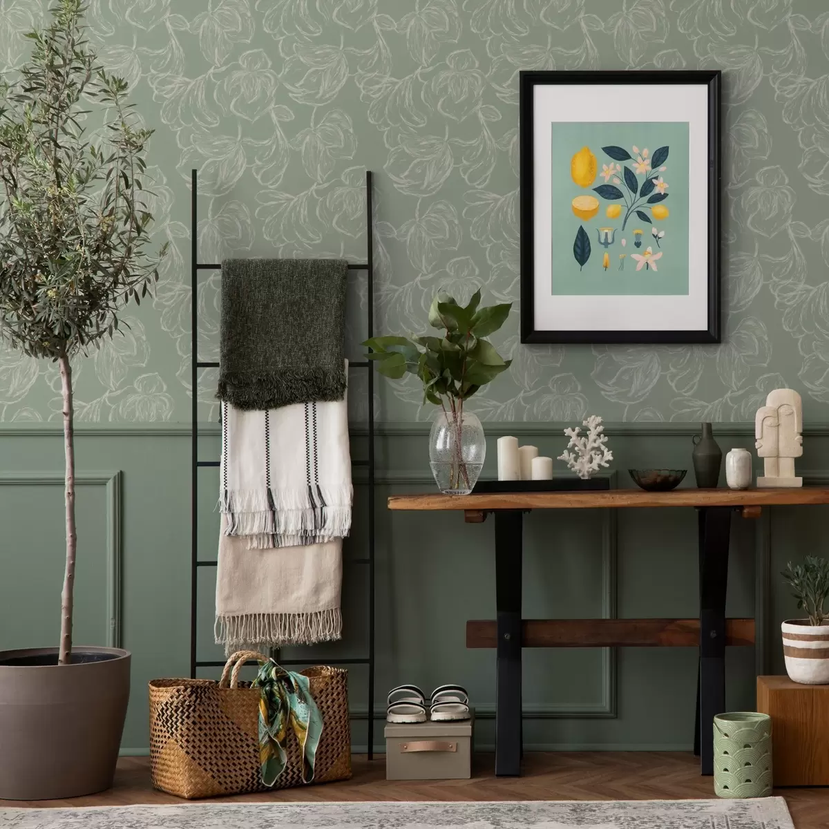 Papier peint Grandes fleurs linéaires, traits de craie sur fond sauge a00625v1