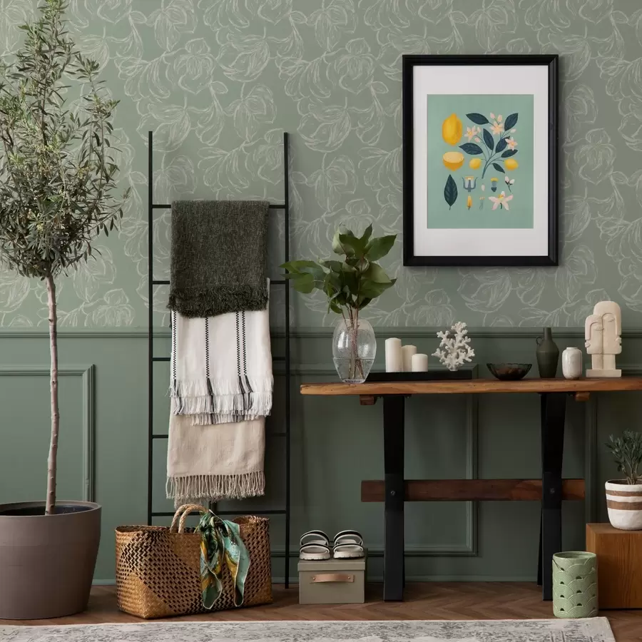 fototapeter Lineære store blomster, kridtstreger på salviegrøn baggrund a00625v1