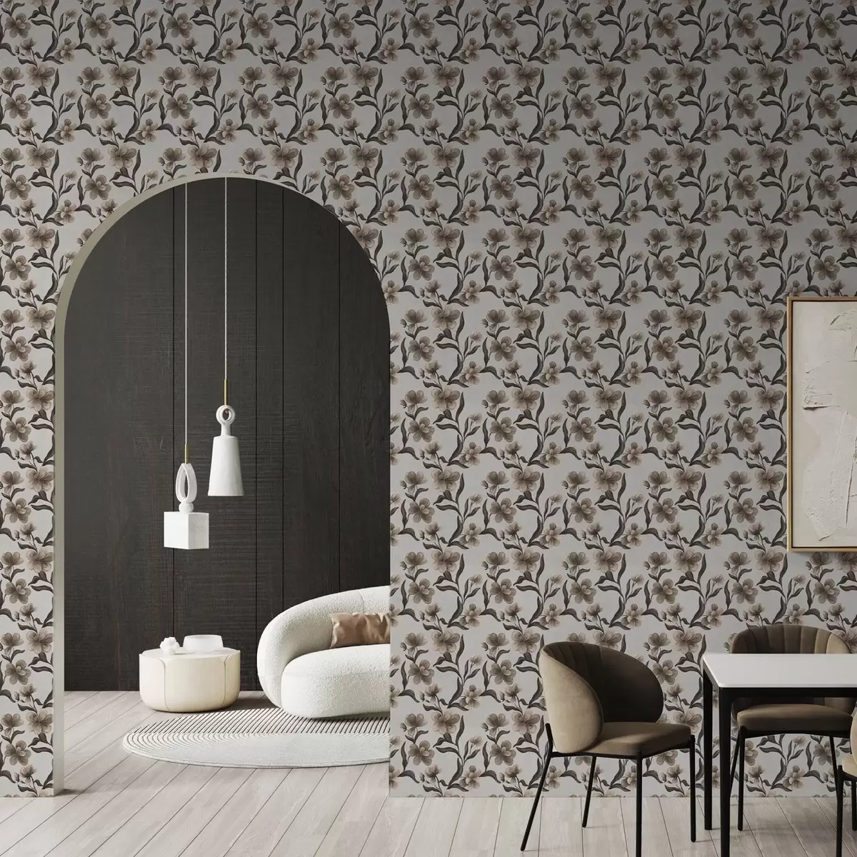 Papier peint Fleurs beiges et branches sombres sur fond gris clair a00626v1