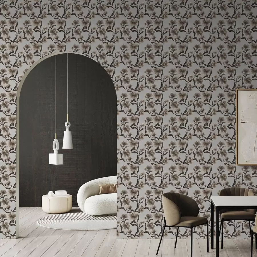 fototapeter Beige blomster og mørke grene på en lysegrå baggrund a00626v1