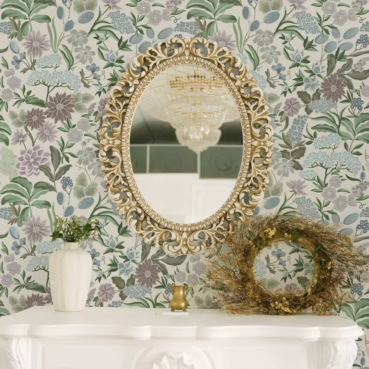 Papier peint Fleurs et feuillages pastel dans une palette bleu menthe a00642