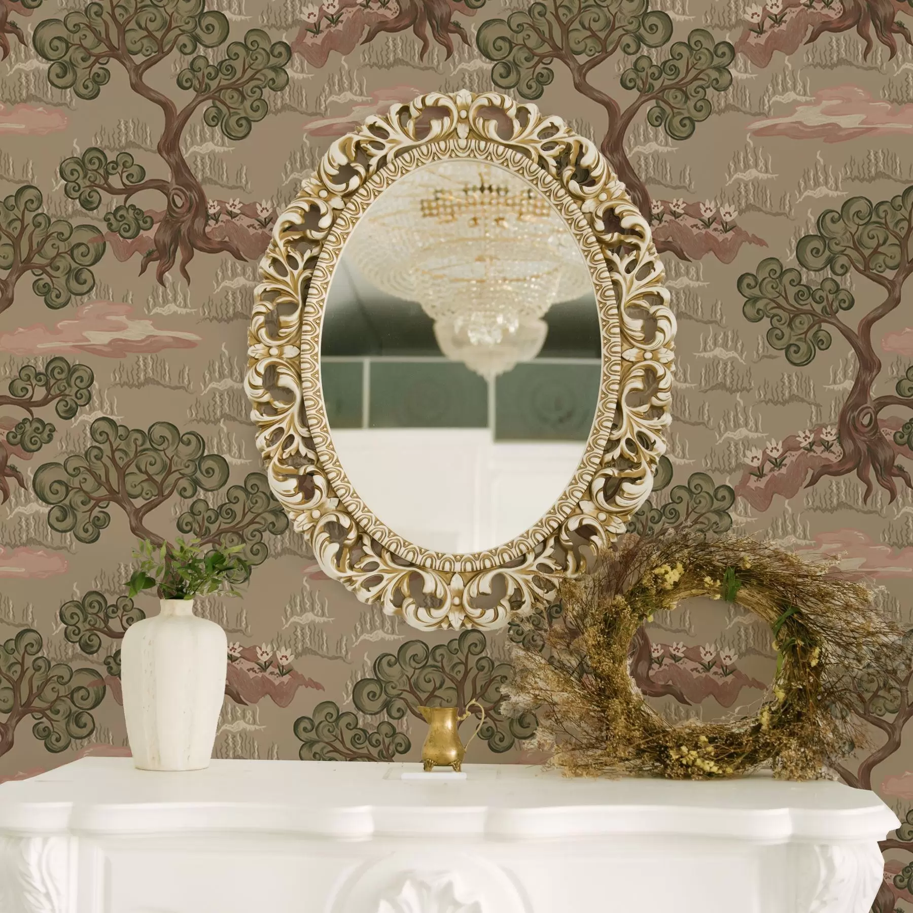 fototapeter Østligt landskab med fantasifulde træer på en sandet baggrund a00715