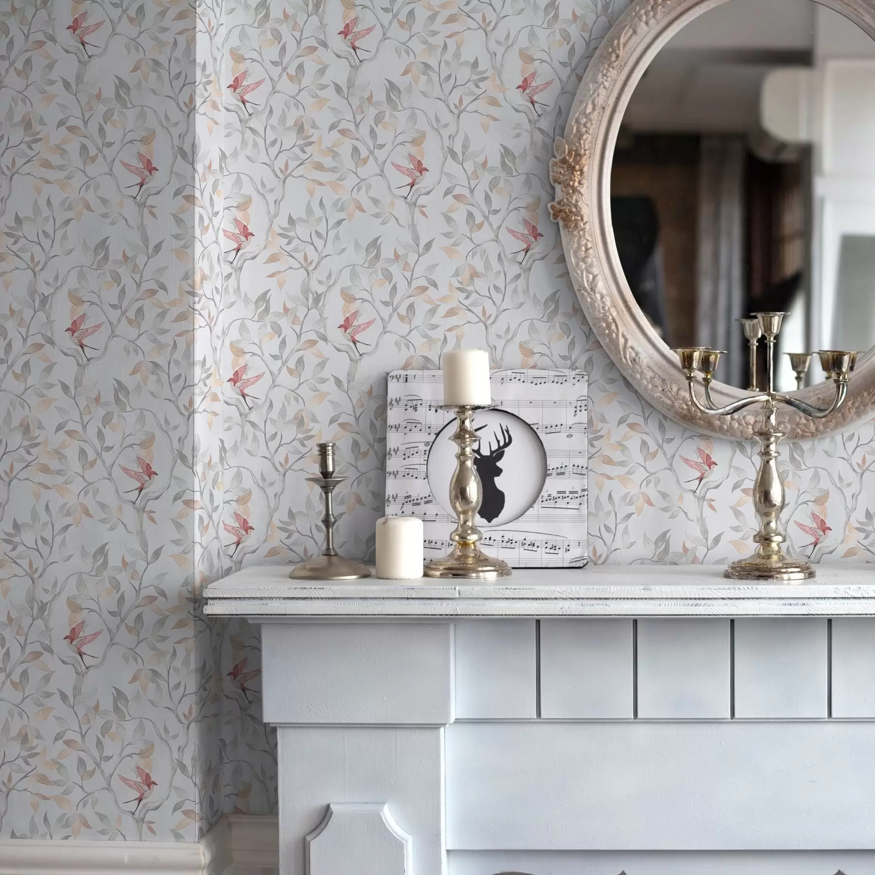 Murale Branches légères avec feuilles et oiseaux dans les tons pêche a00716