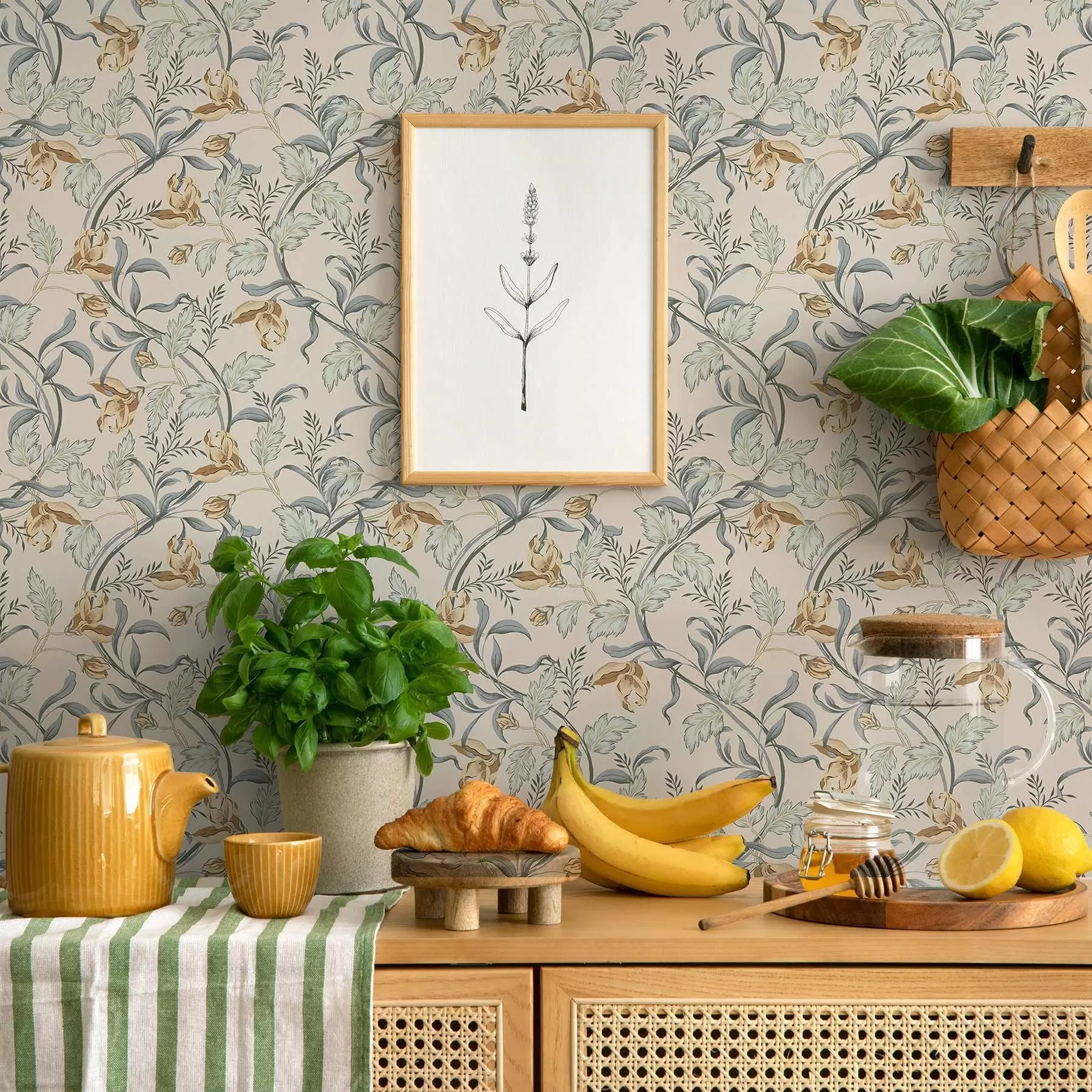 fototapeter Vintage blomster med blåt løv på en cremefarvet baggrund a00717