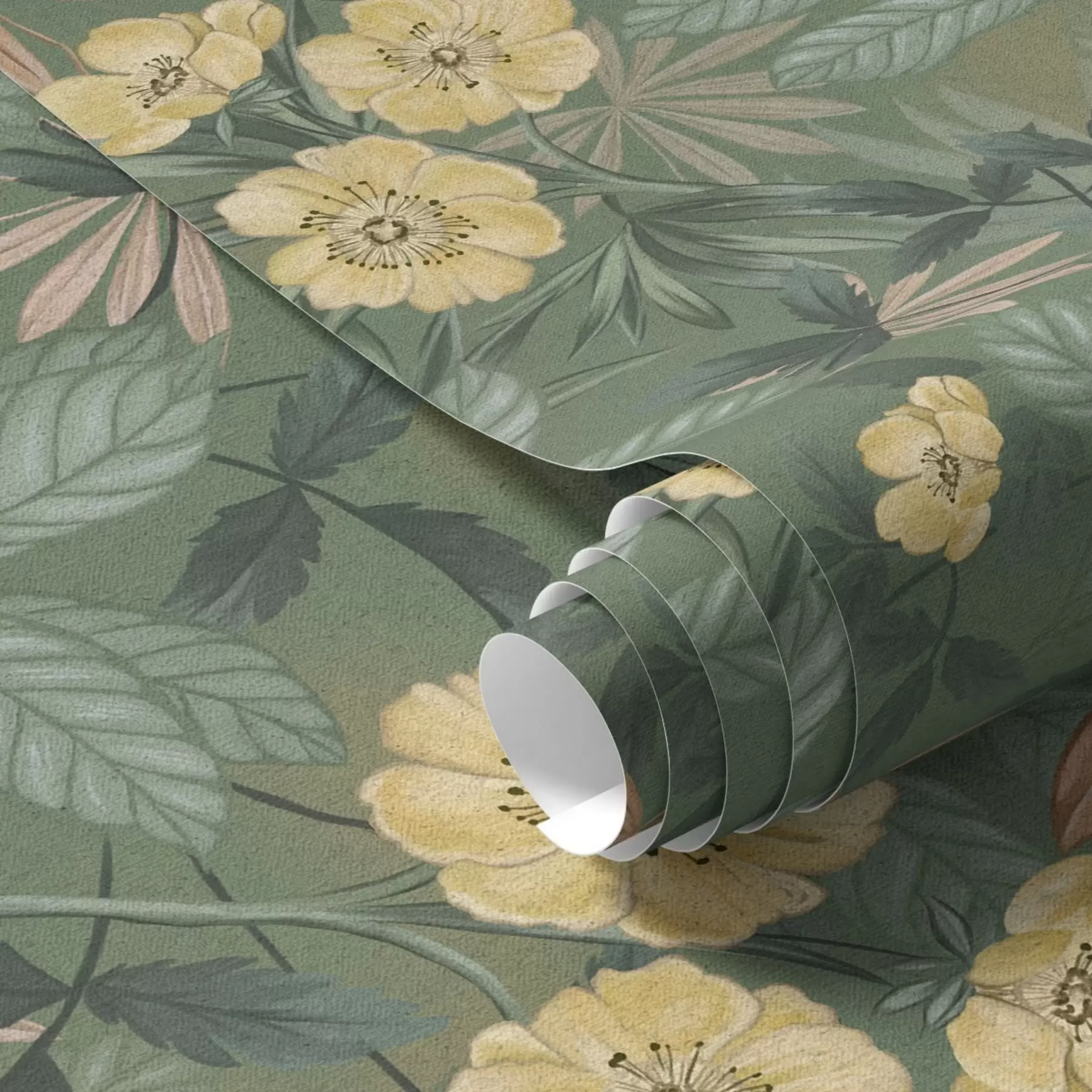 Murale Fleurs jaunes au milieu d'une texture feuillue verte a00718