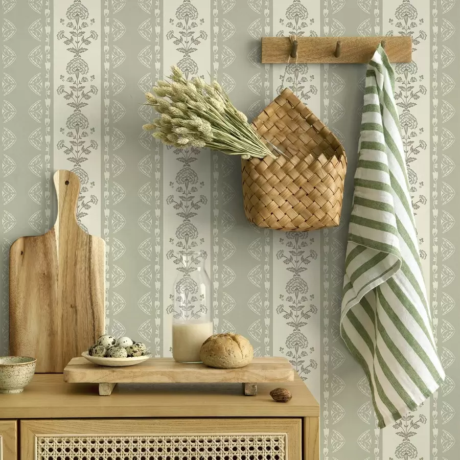 fototapeter Stribet ornament med blomstersøjler i salviefarver a00719