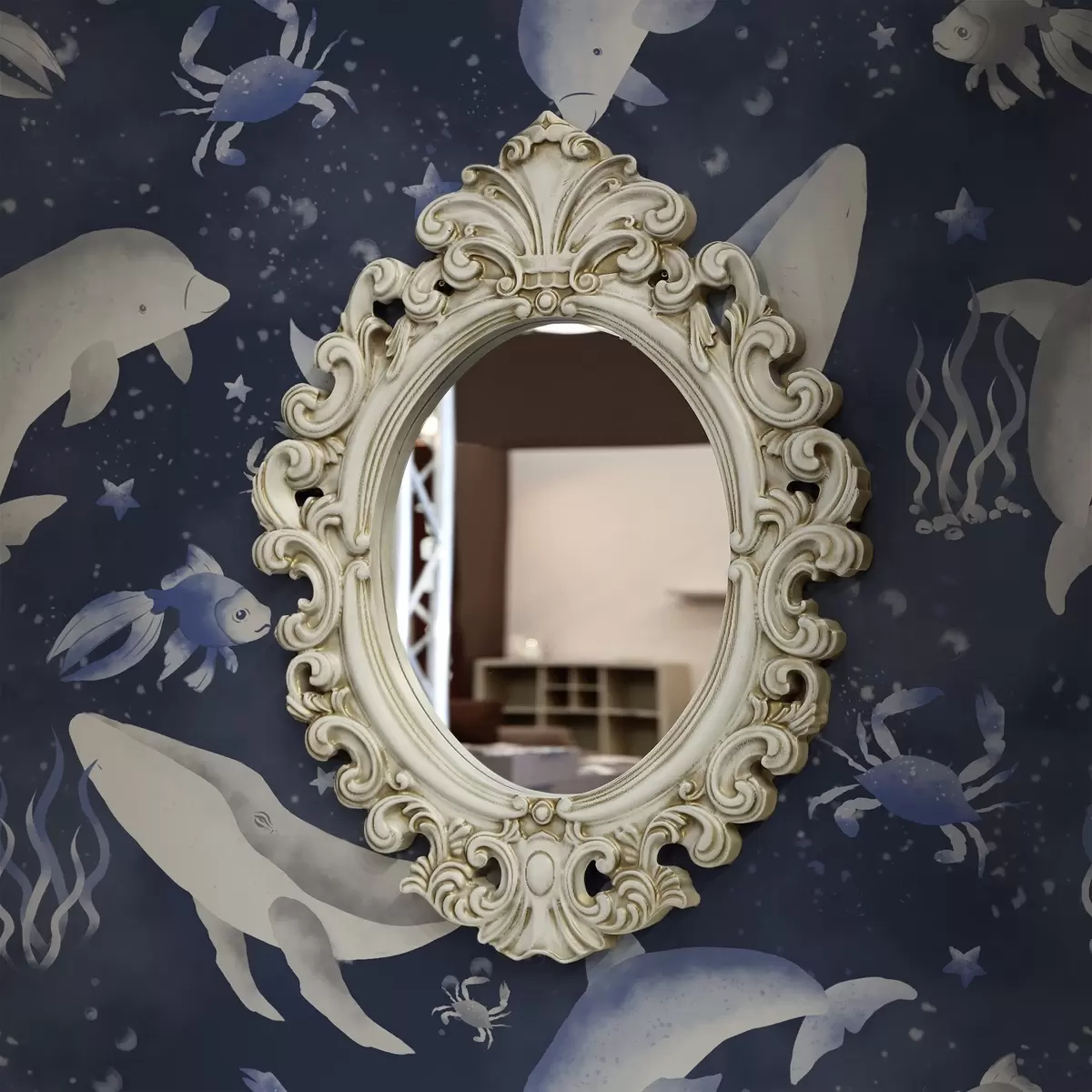 Baggrund Hvaler, delfiner og krabber på en mørkeblå baggrund a00720