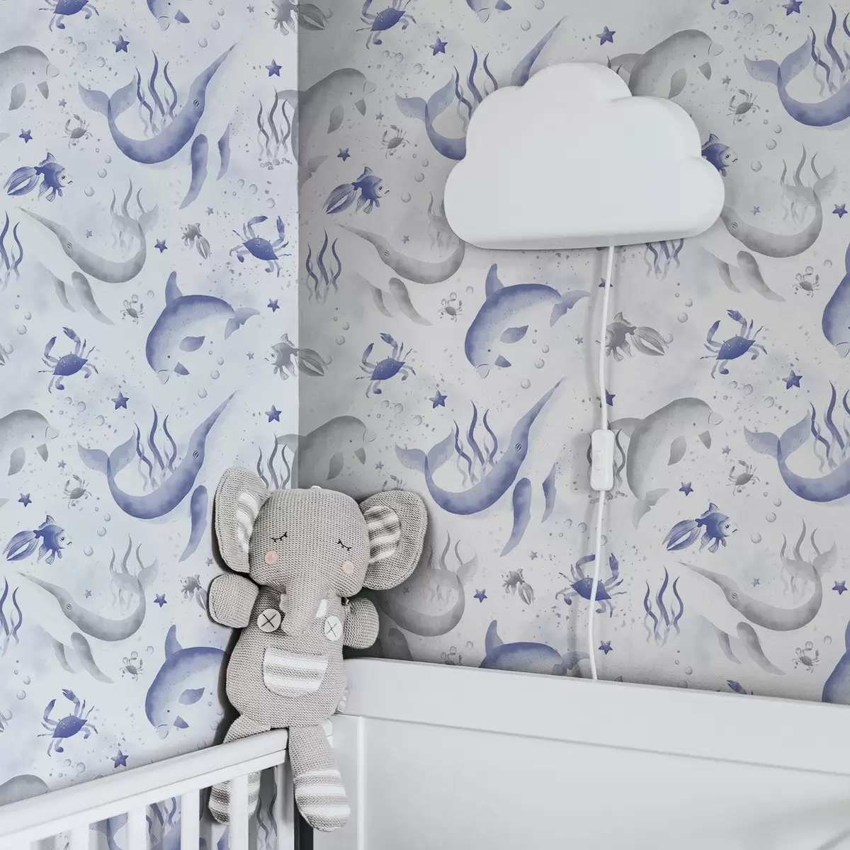 Baggrund Hvaler og delfiner i blå nuancer på hvid baggrund a00720v1