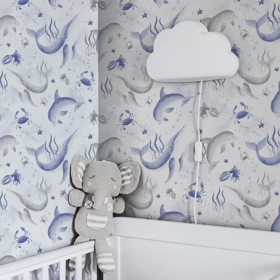 fototapeter Hvaler og delfiner i blå nuancer på hvid baggrund a00720v1