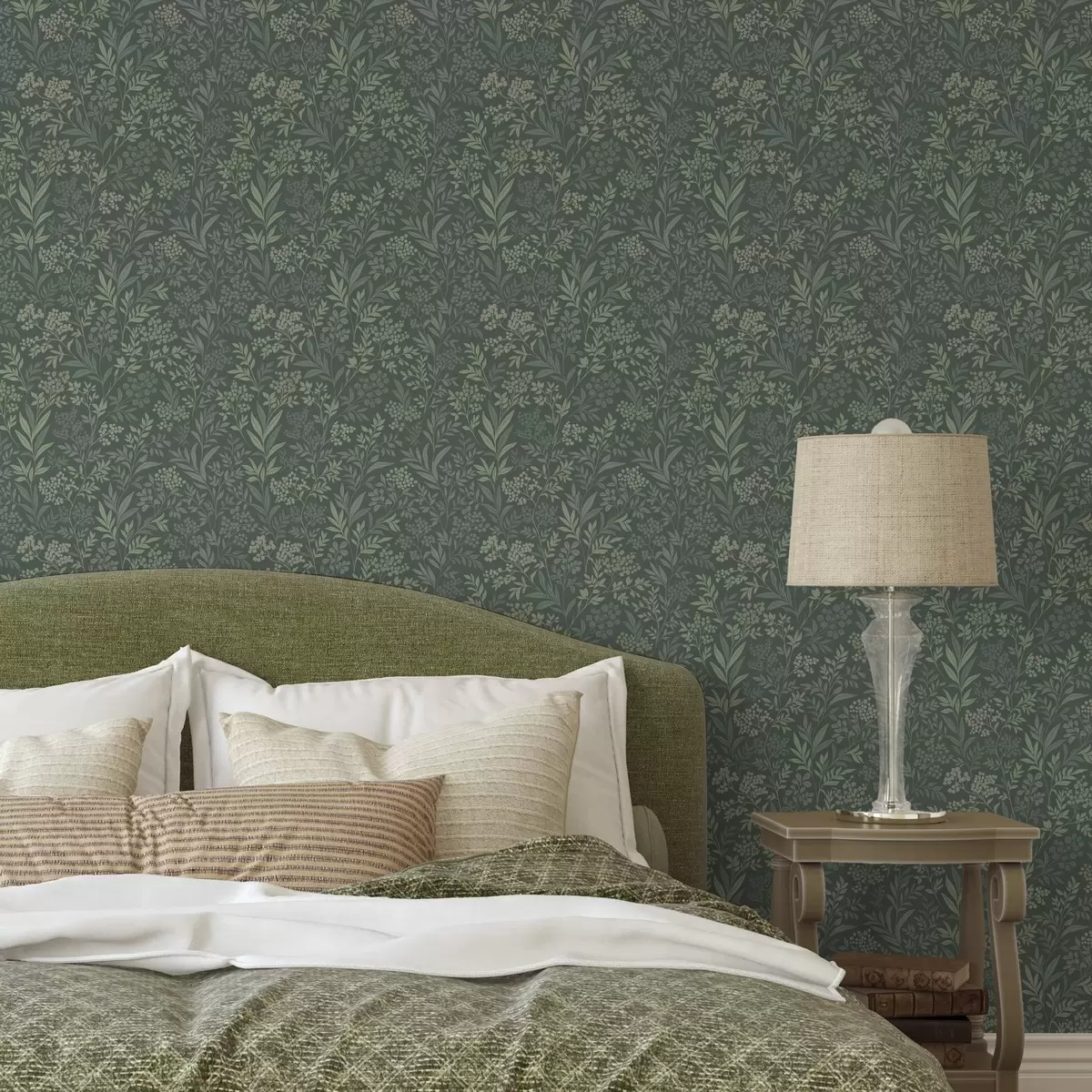 Papier peint Herbes et baies émeraude, motif botanique raffiné a00740