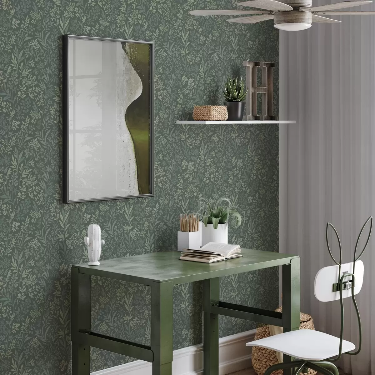 Papier peint Herbes et baies émeraude, motif botanique raffiné a00740