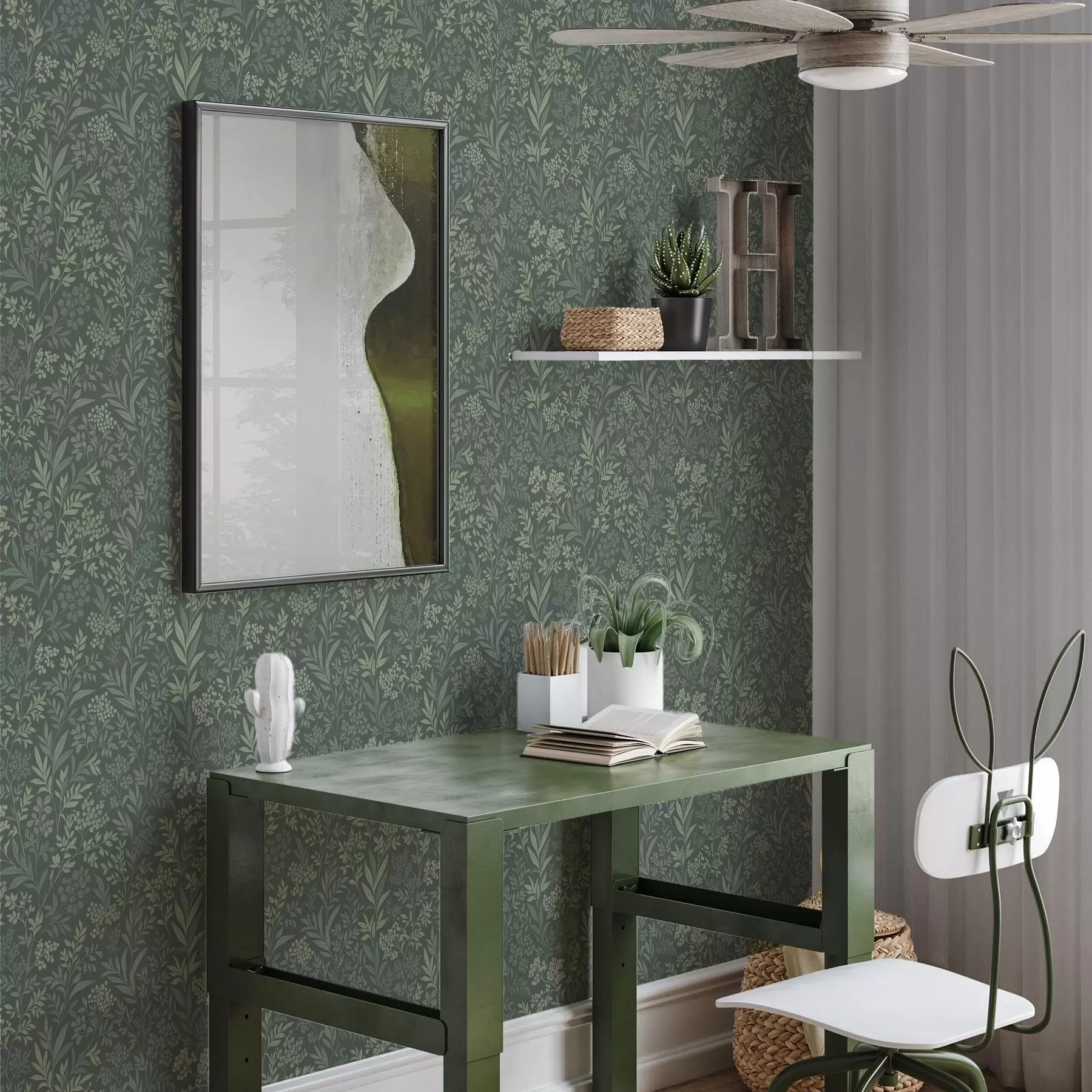 Murale Herbes et baies émeraude, motif botanique raffiné a00740