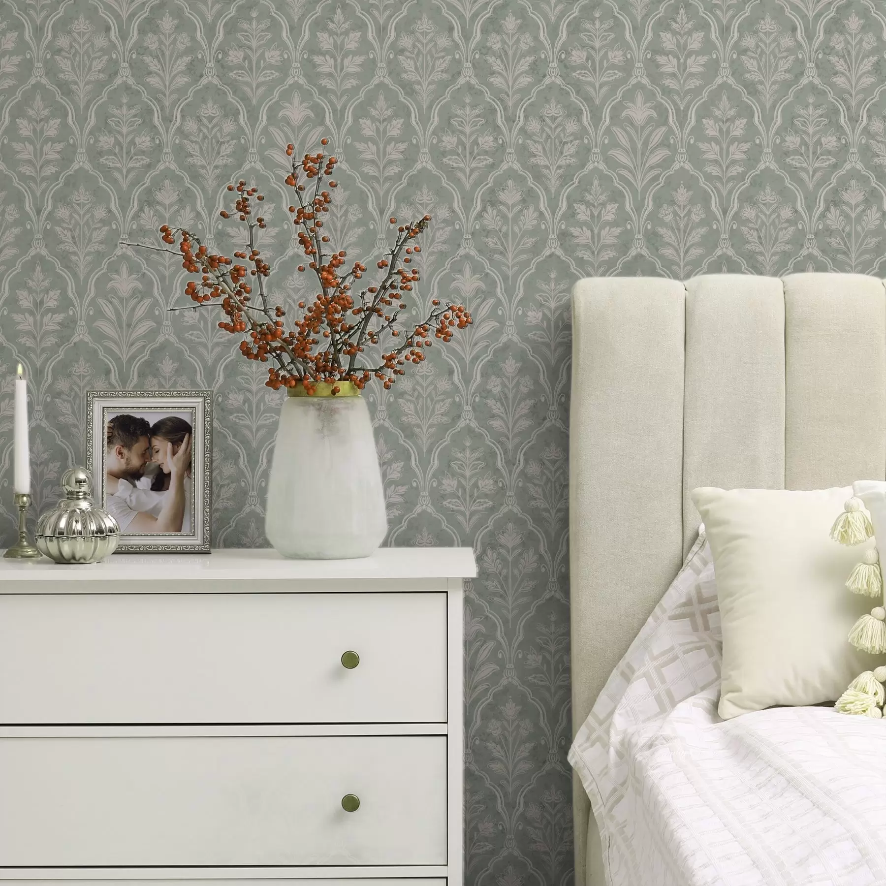 fototapeter Mintfarvet damask med fine blomstermedaljoner a00741