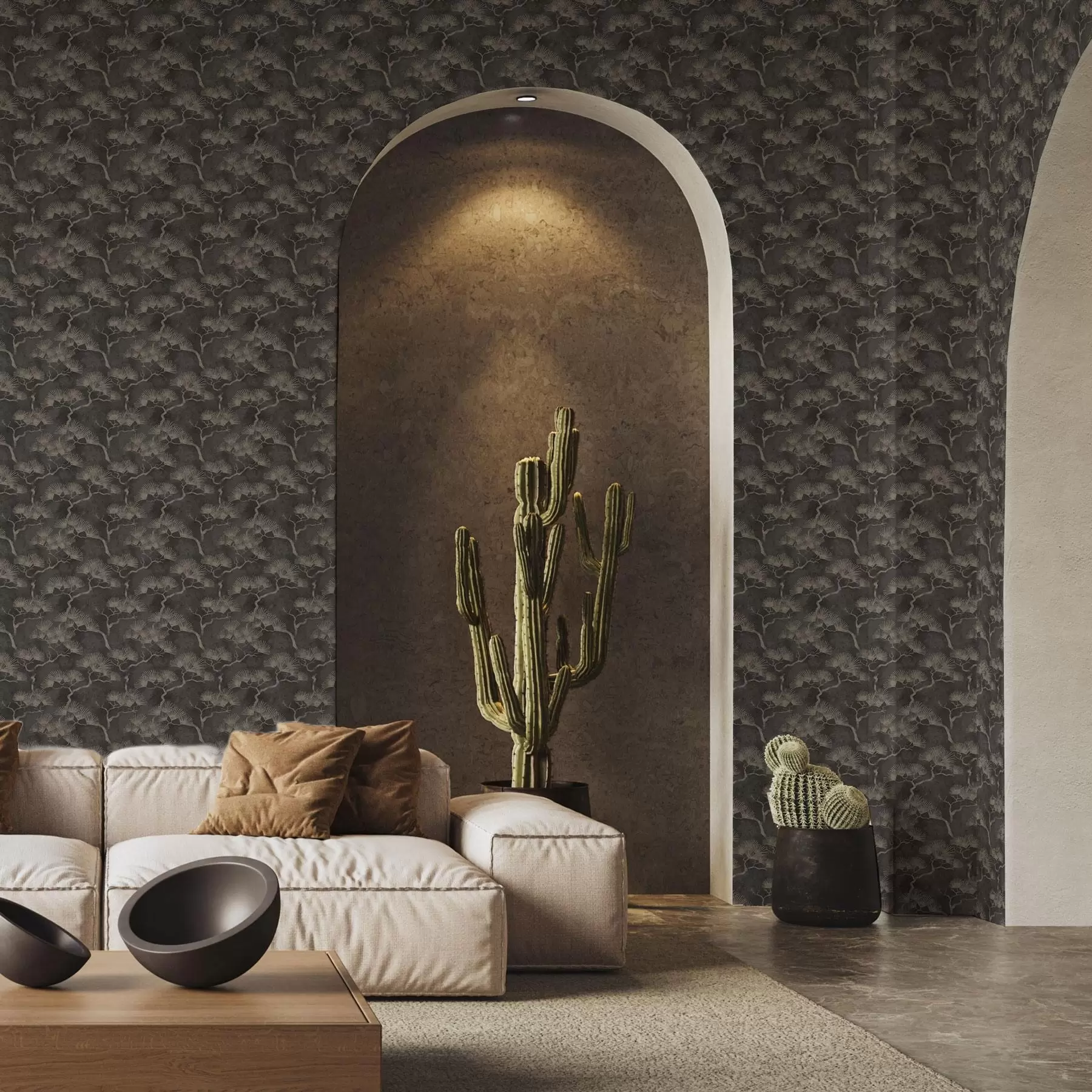 Murale Silhouettes de pins sur fond sombre, texture brumeuse a00742