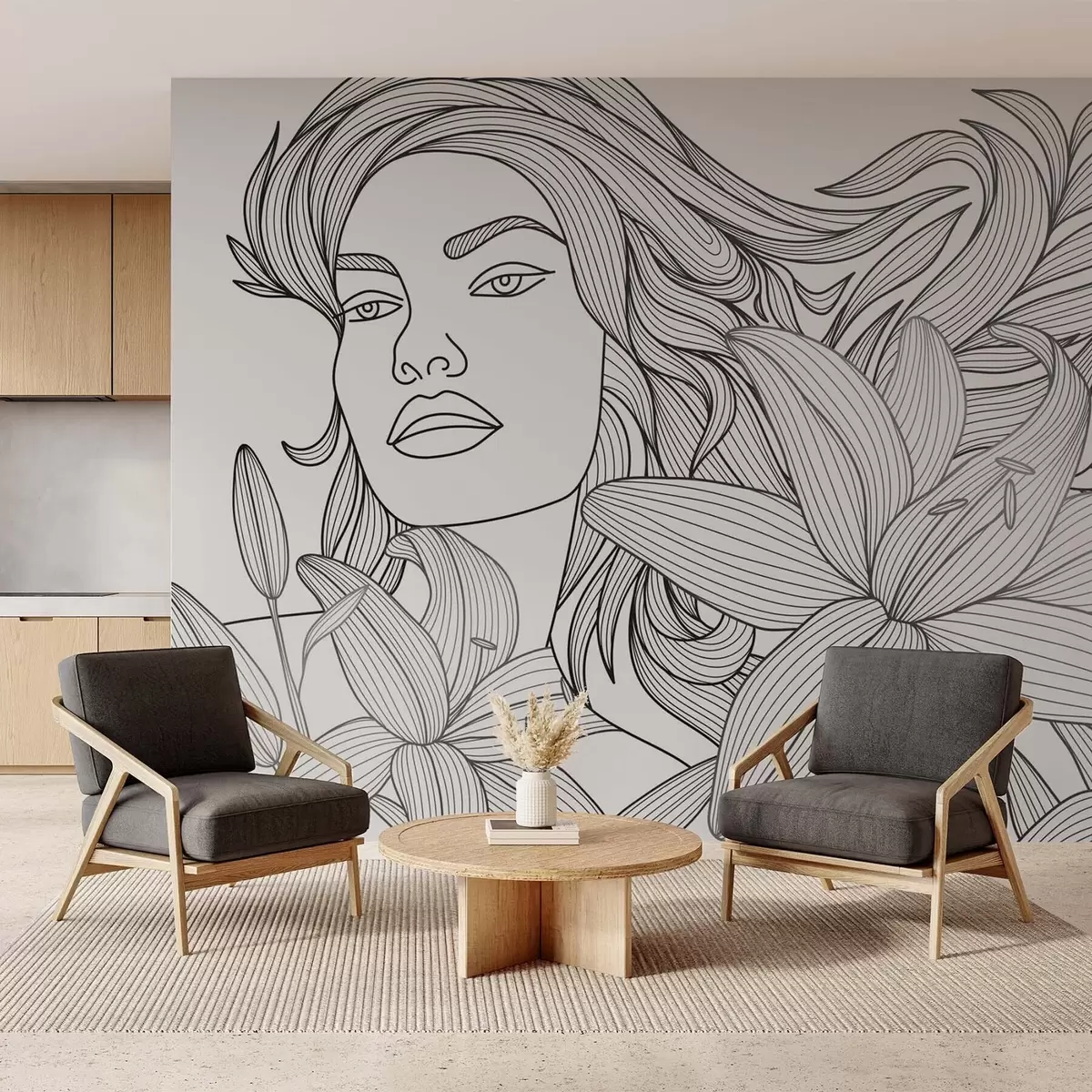 Murale Portrait d'une jeune fille parmi les lys w04689