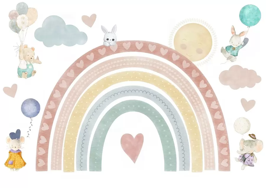 fototapeter Pastelregnbue med hjerter, dyr og balloner w04681
