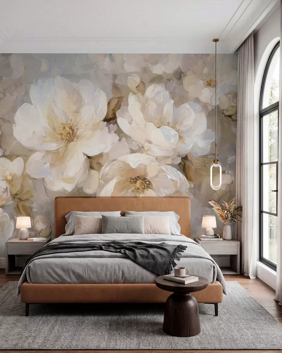 fototapeter store blomster i hvide og beige nuancer i stil med oliemaleri w04633