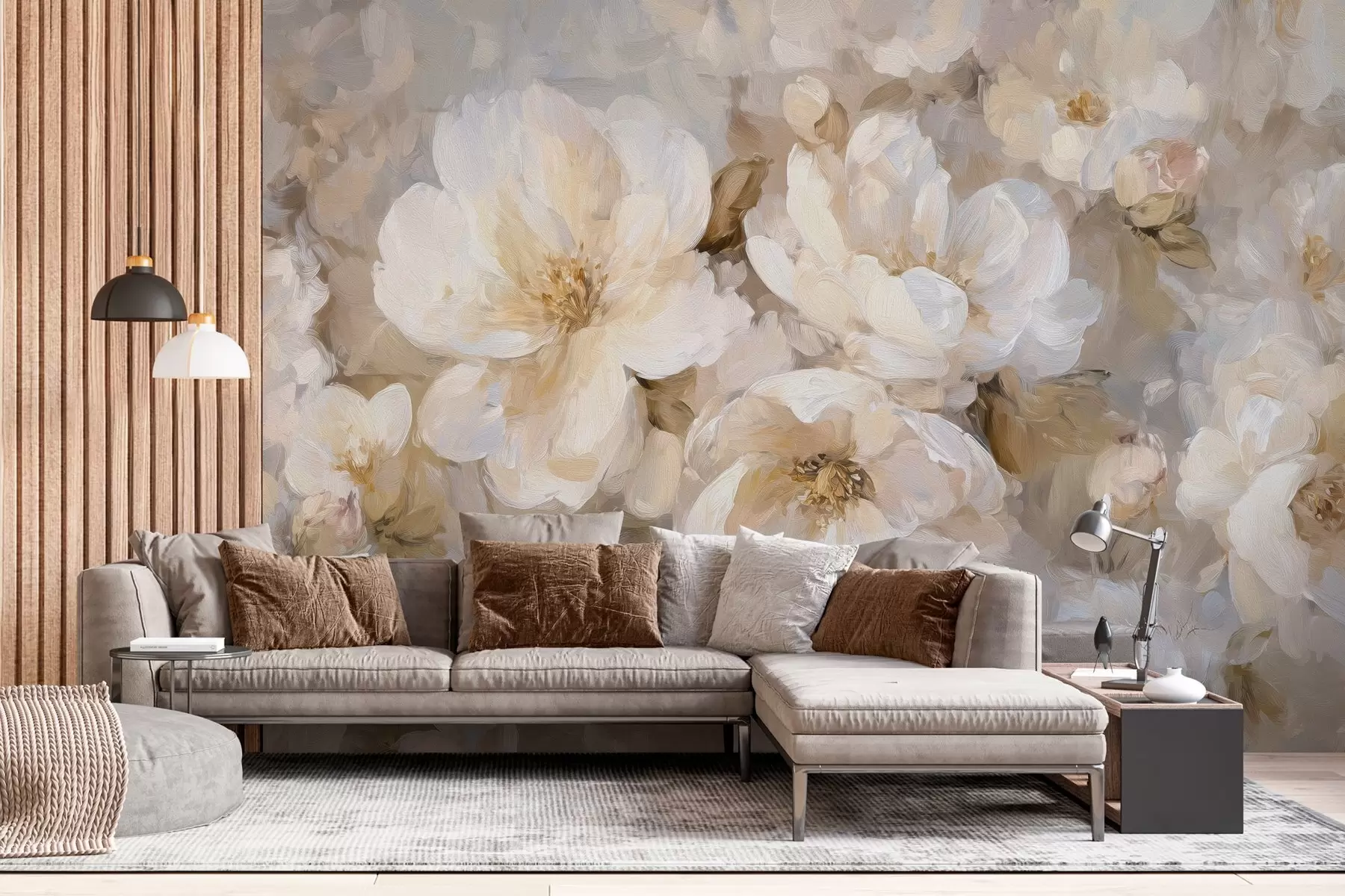 Murale grandes fleurs dans les tons blancs et beiges dans le style de la peinture à l'huile w04633