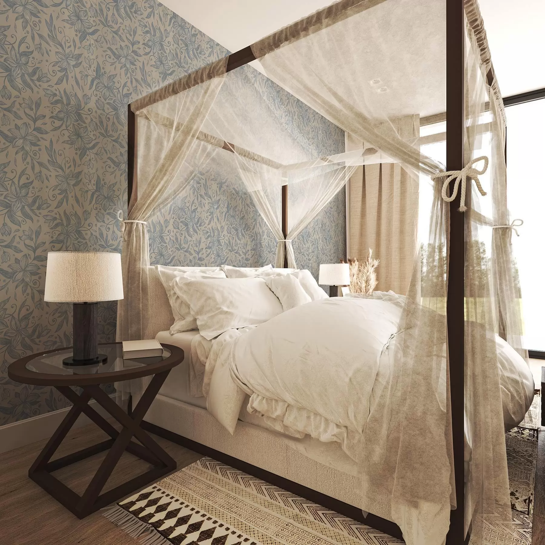 Murale Motif floral linéaire bleu sur fond beige chaud a00630v2