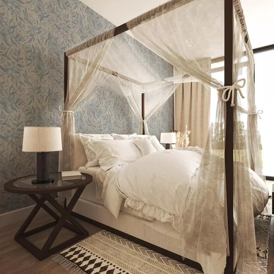 fototapeter Blåt lineært blomstermønster på varm beige a00630v2