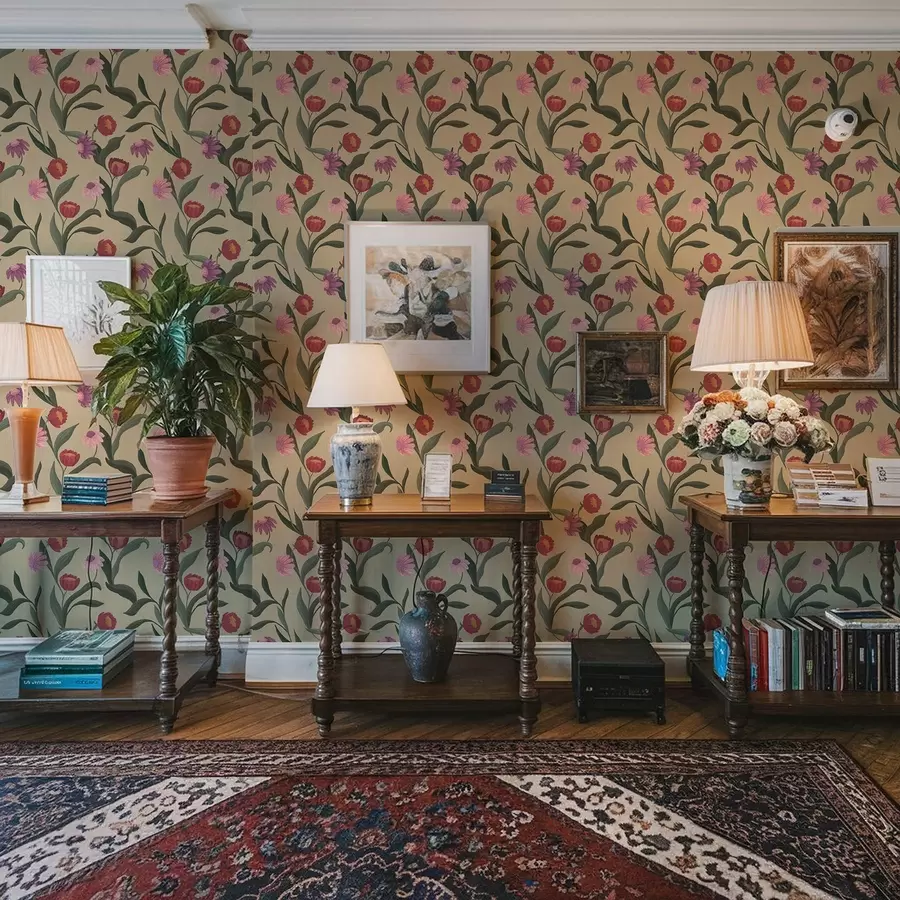 fototapeter Pink-røde blomster på beige baggrund, håndtegnet tekstur a00631