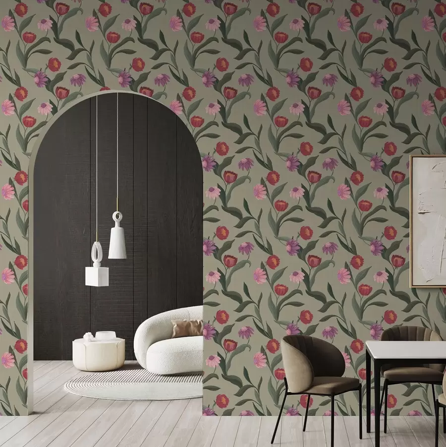 fototapeter Pink-røde blomster på en olivenfarvet baggrund, lærredstekstur a00631v1