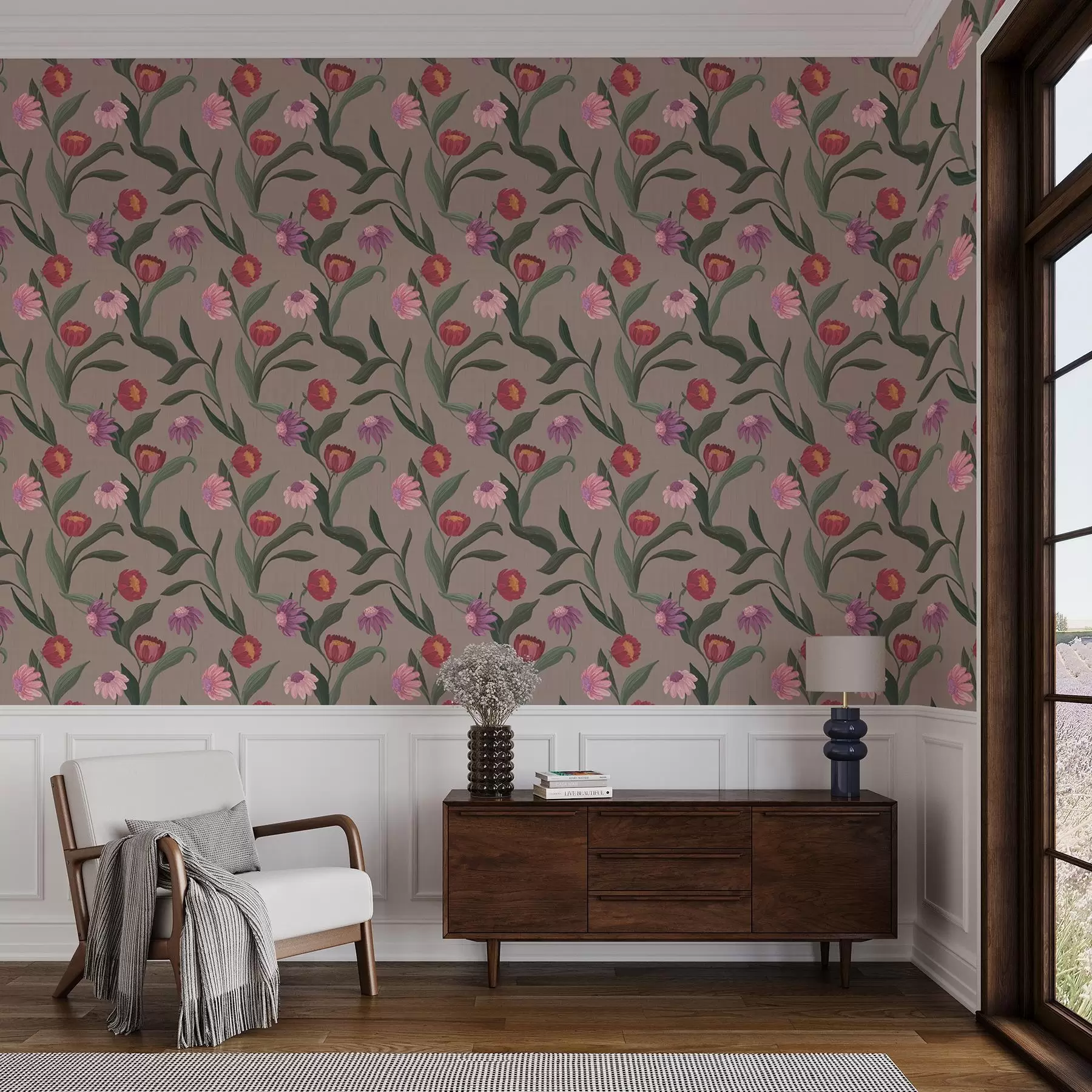 Murale Fleurs rose-rouge sur fond taupe, longues tiges a00631v2