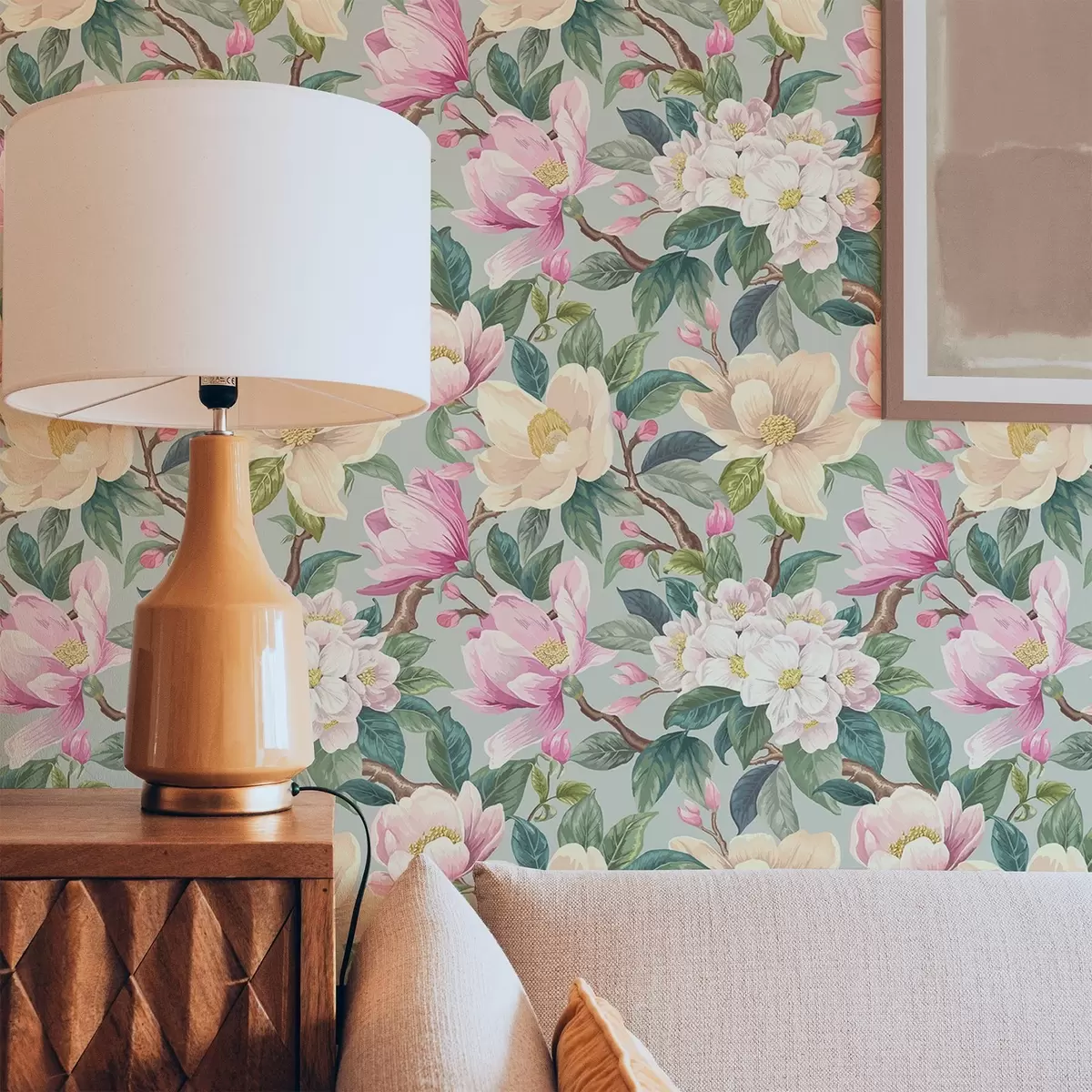 Papier peint Magnolias et fleurs blanches sur fond gris menthe a00644