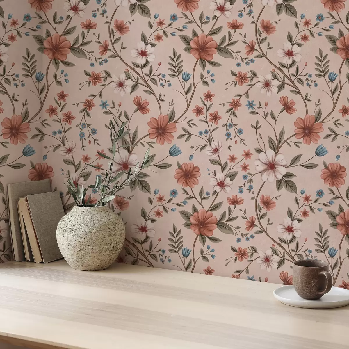 Papier peint Fleurs et feuillage rose corail sur fond rose poudré a00667