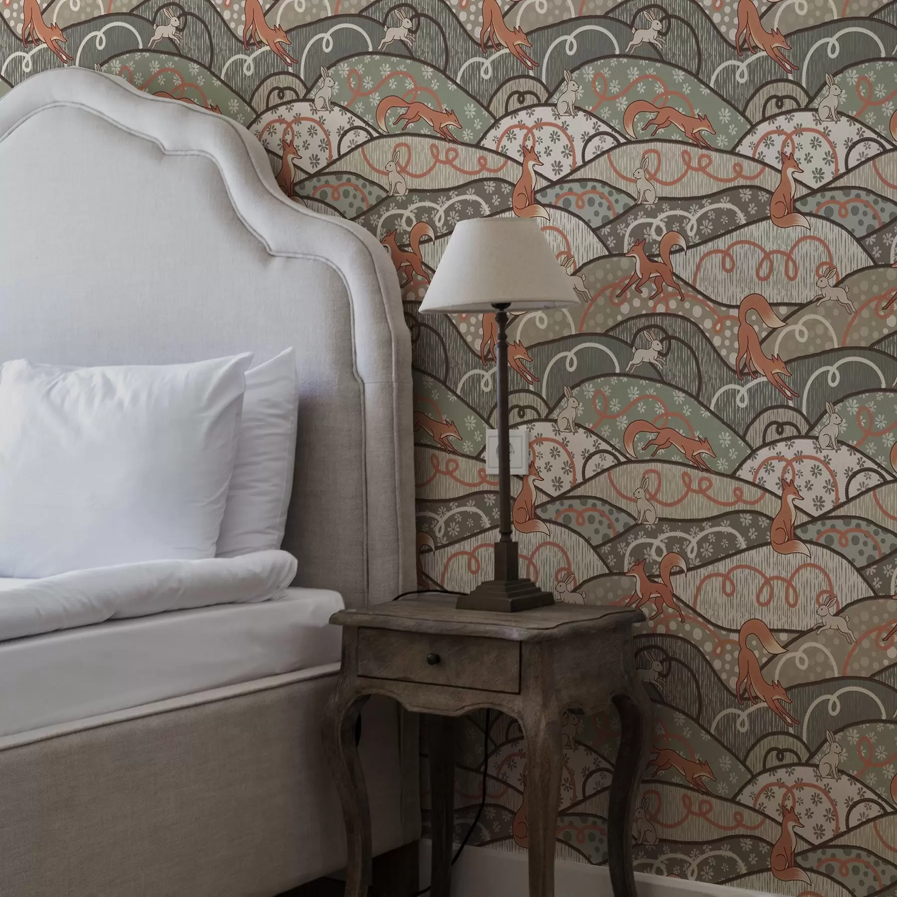 fototapeter Ræve og harer på bølgende bakker, retro mønster a00690